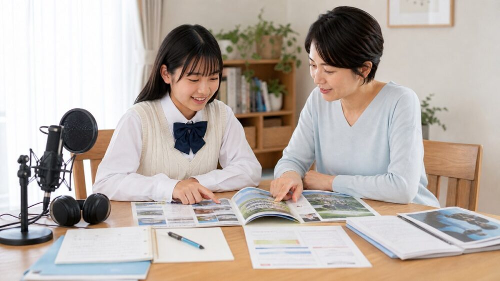中学生が高校選びの資料を保護者と確認する様子