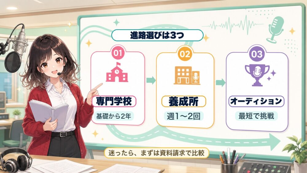 声優になるまでの進路選びとして専門学校・養成所・オーディションの3つを比較するキャラクター付き図解