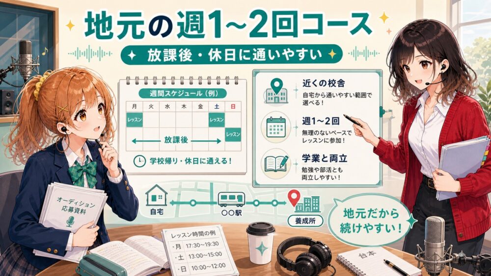 高校生が在学中に週1回から声優養成所へ通うルートを示したイメージ画像