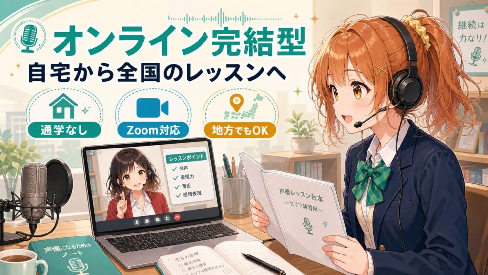 高校生がオンライン完結型の声優養成所を自宅から受講するイメージ。通学なしで全国対応のレッスンを受ける図解
