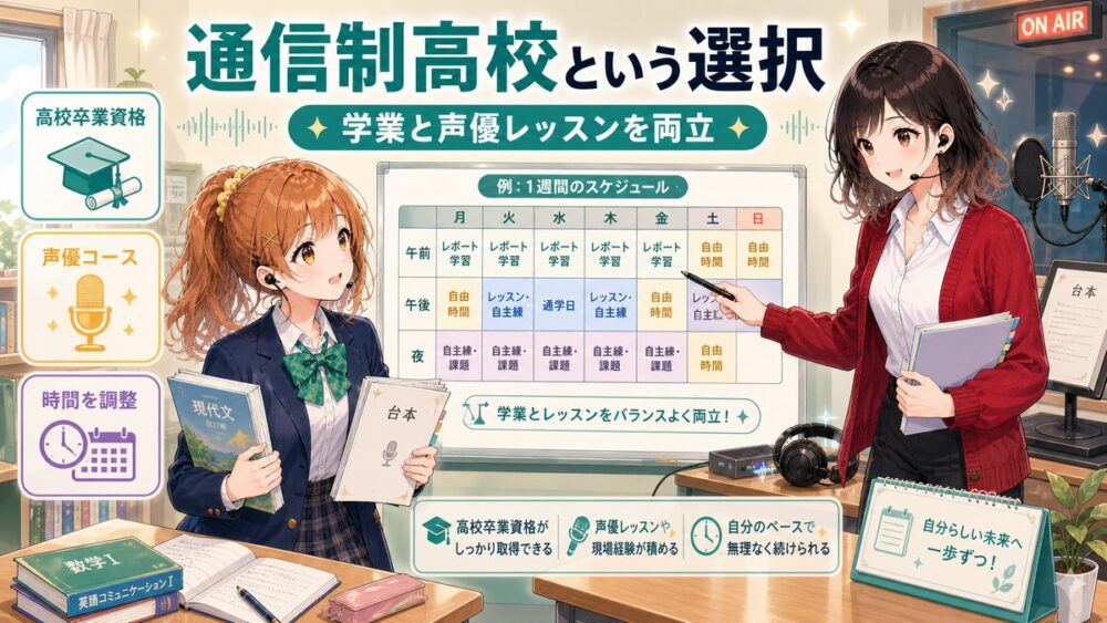 声優・芸能コースがある通信制高校で学業と声優レッスンを両立するイメージ図解