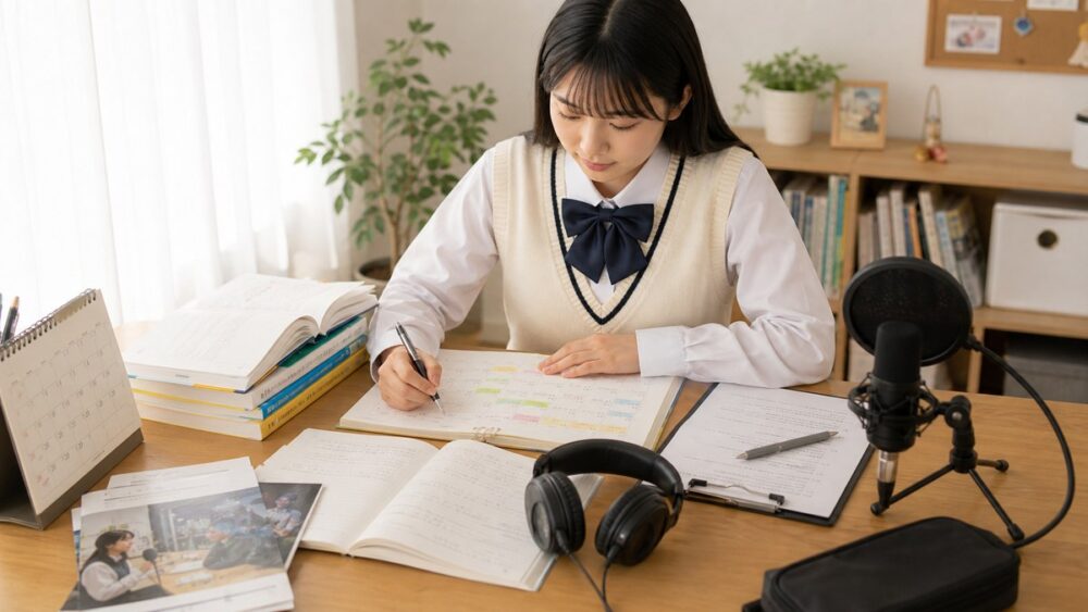 中学生が学年別に声優練習と勉強の予定を立てるイメージ写真