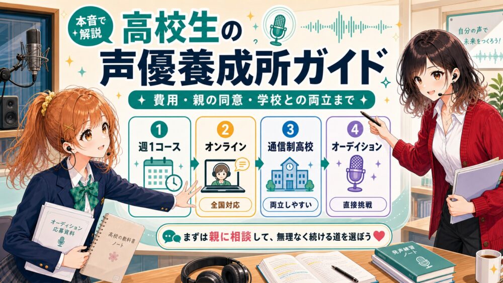 高校生の声優養成所ガイドのアイキャッチ。費用、親の同意、学校との両立、週1コースやオンラインなどの通い方を声優カナとミウが案内