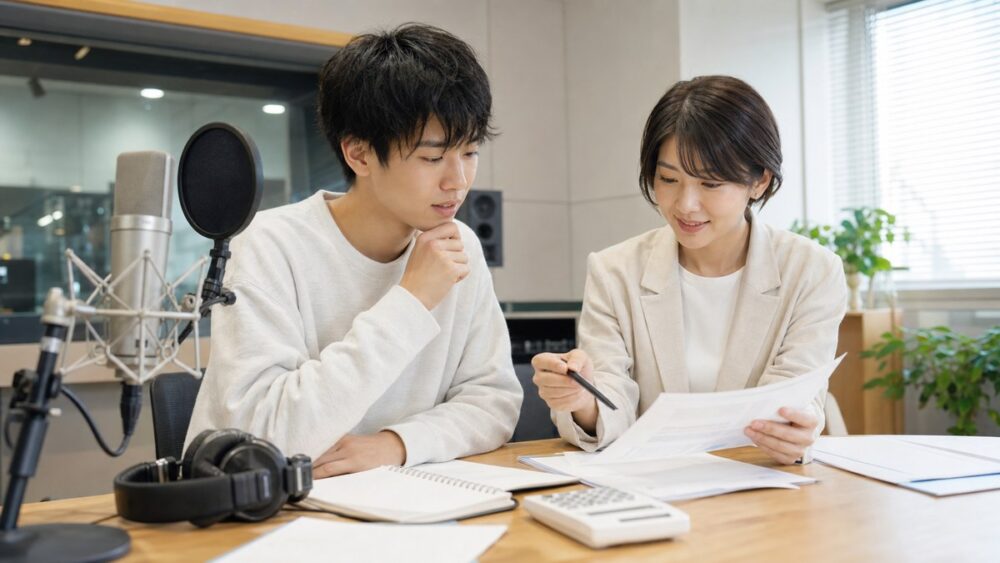 声優の給料や年収の仕組みをスタジオで相談しながら確認するイメージ写真