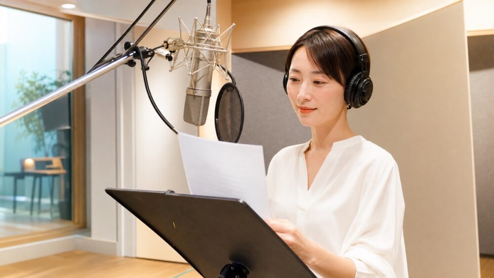 ナレーションや吹き替えなど声優の仕事の広がりを示す収録イメージ写真