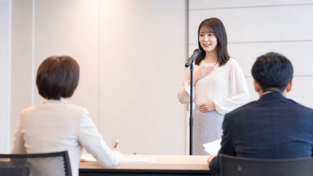 入所オーディションで審査員の前で自己PRする社会人女性のイメージ写真