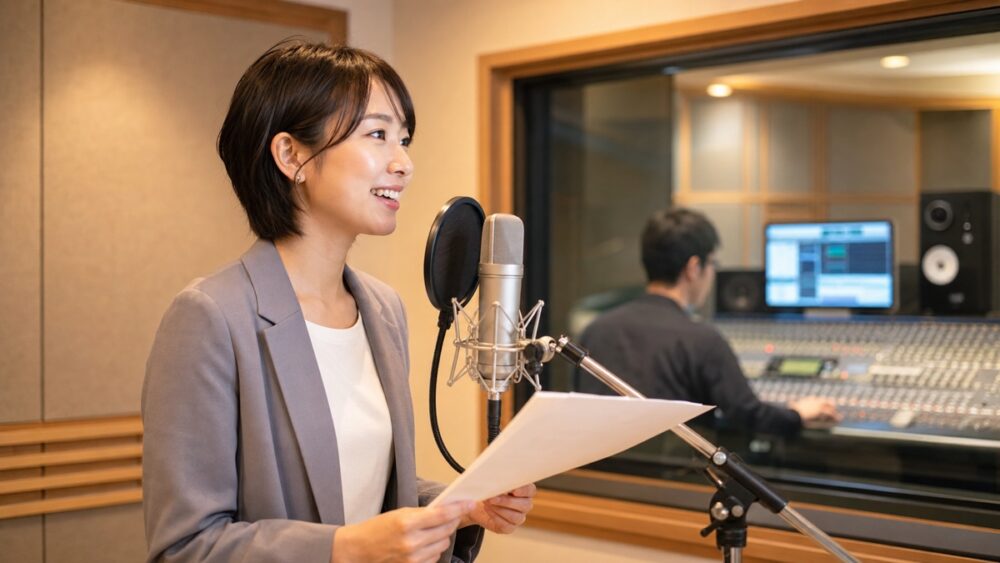働きながらスタジオ収録に挑む社会人女性の実例イメージ写真