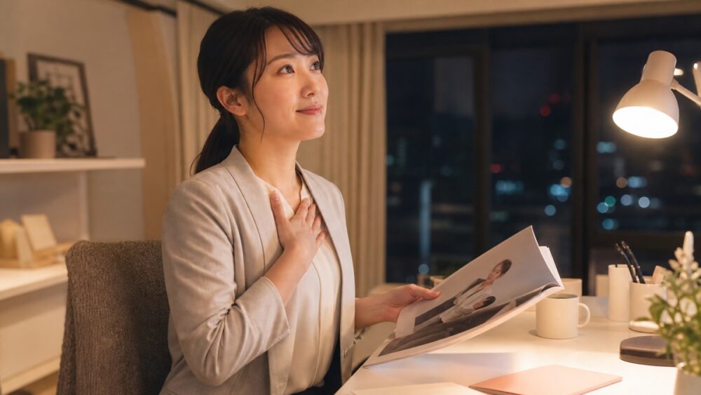 仕事帰りに自宅で声優養成所の資料を読んで決意を固める社会人女性のイメージ写真