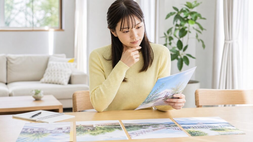 声優を目指す4つのルートの資料を見比べて選ぶ社会人女性のイメージ写真