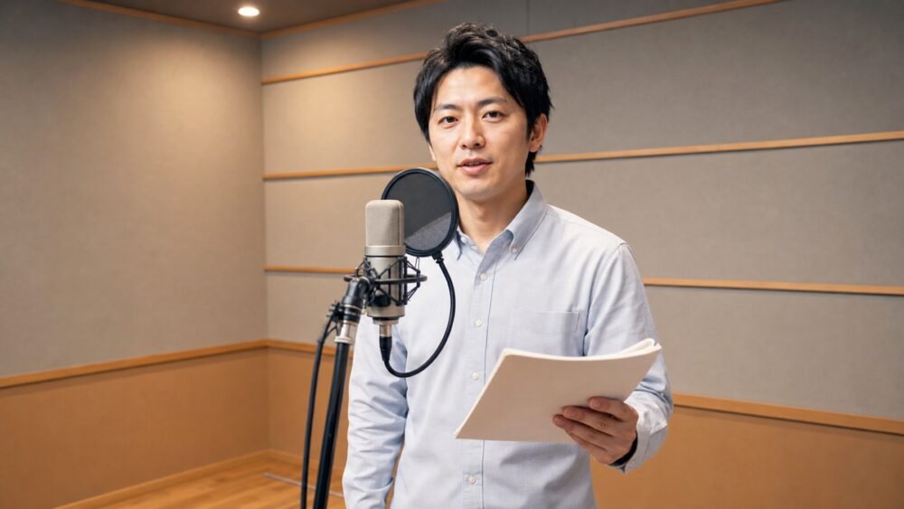 働きながら収録ブースで声優の仕事に取り組む男性のイメージ写真
