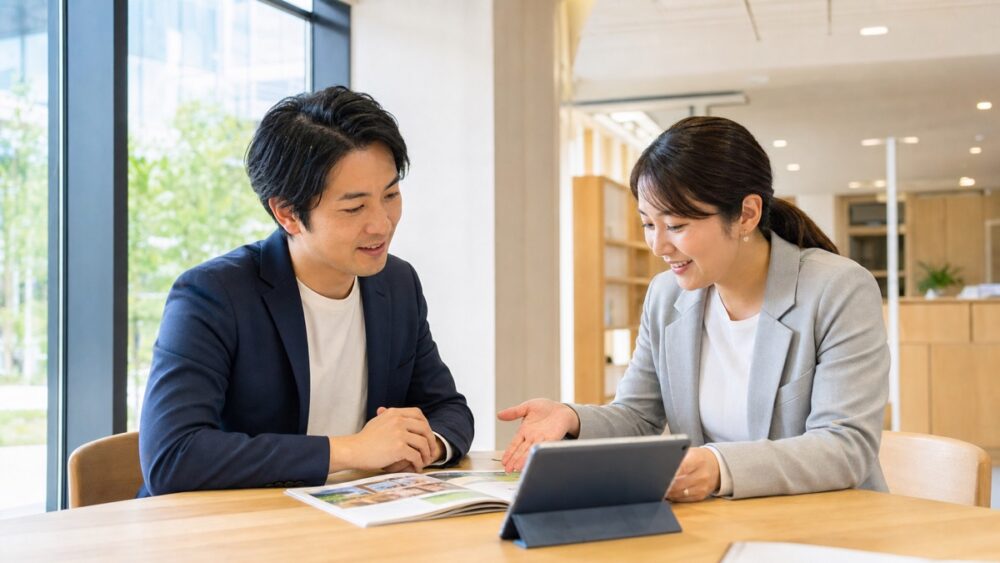 相談デスクで養成所の所属実績を資料で確認する社会人のイメージ写真