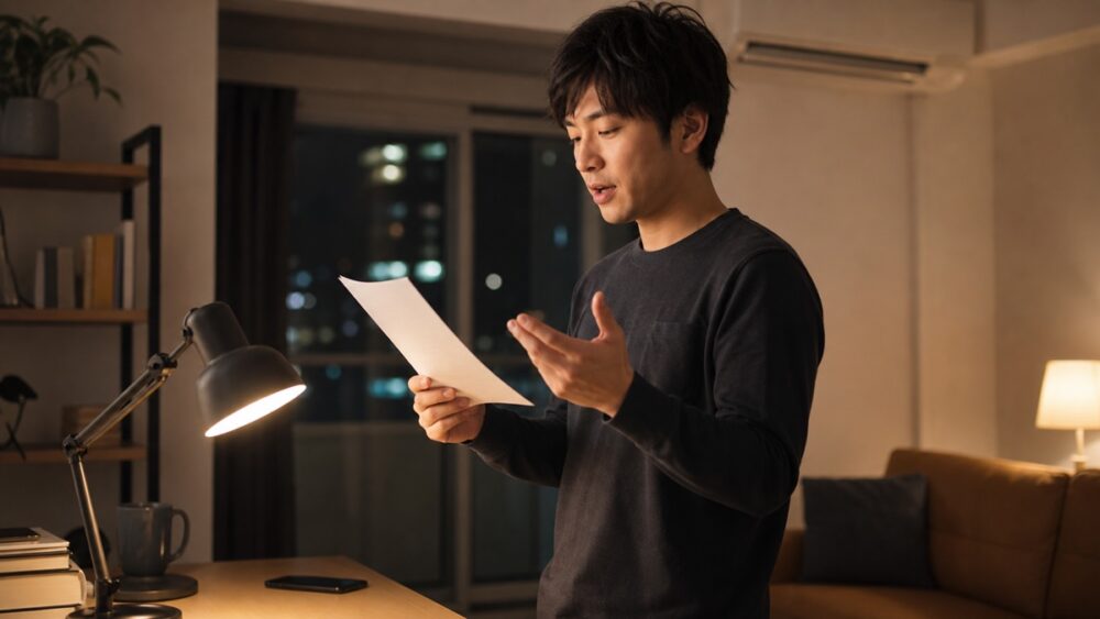 平日夜に自宅で台本を読み込んで実技試験の練習をする社会人男性のイメージ写真