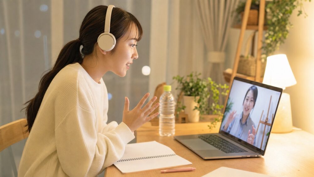 自宅でオンラインの声優レッスンを受講する社会人女性のイメージ写真