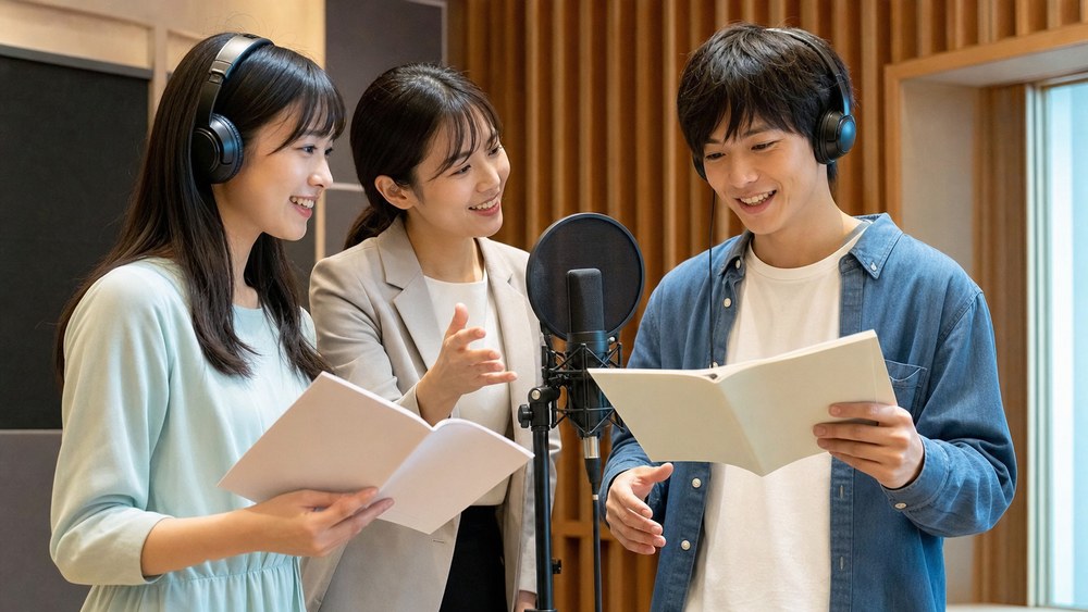 神戸の声優専門学校のレッスンでマイク前に立つ受講生と講師