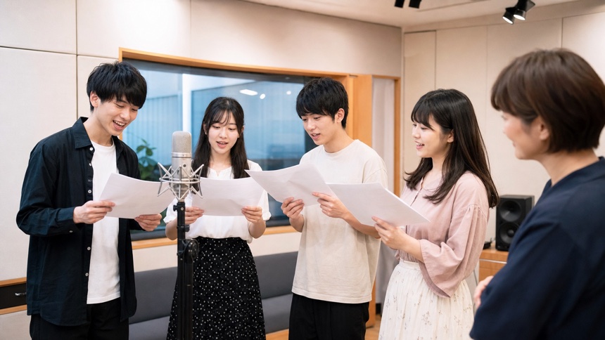 名古屋の声優養成所のレッスンで台本を読み合わせる受講生たち