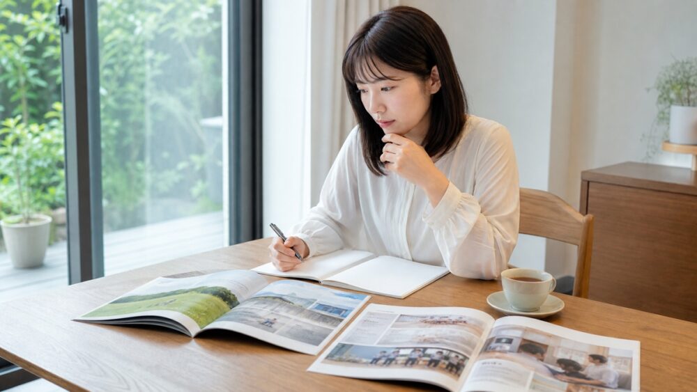 静岡の声優養成所のパンフレットを見比べながら候補を整理する女性