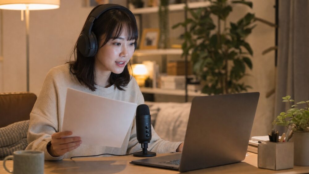 自宅からオンラインで声優レッスンを受ける女性