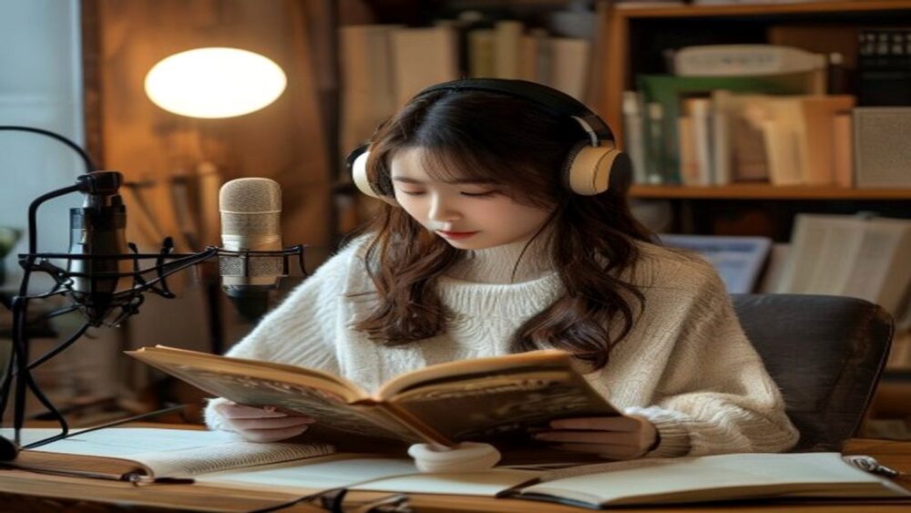 マイク前で本を読みながら朗読練習をする声優志望者の写真