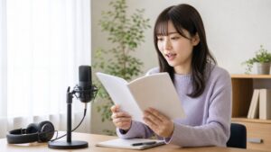 朗読の練習をする声優志望者の写真