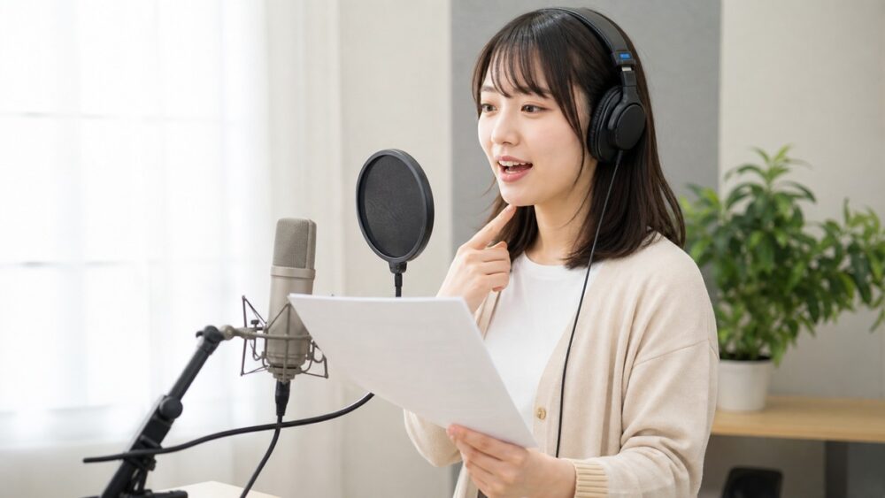 独学用の課題を使って滑舌と発声を録音する声優志望者