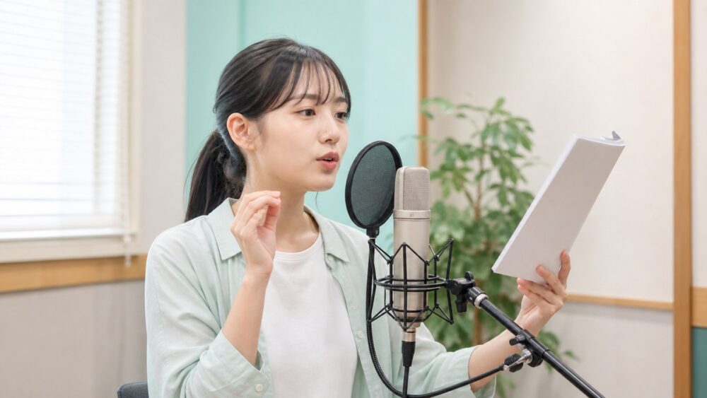マイクの前でサ行と滑舌の発声練習をする声優志望者