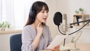 マイク前で滑舌トレーニングをする声優志望者の写真
