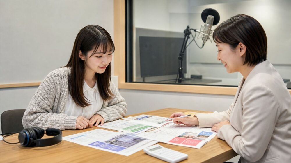 学費が安い声優養成所を比較するために資料と費用を相談する声優志望者の写真