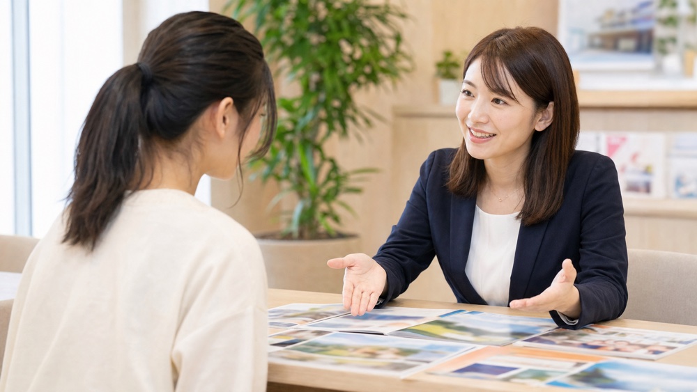相談デスクで養成所と専門学校の資料を見比べる女性