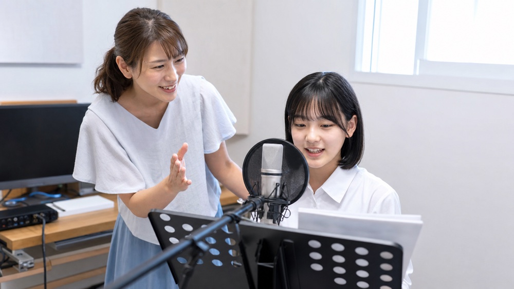 マイクの前で講師のレッスンを受ける声優志望の女性