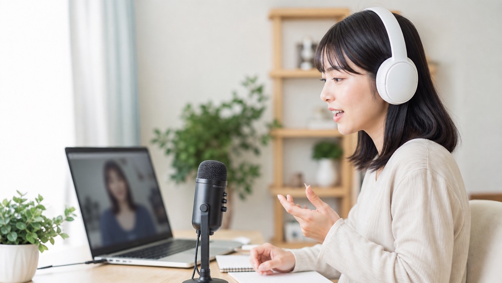 自宅からオンラインで声優レッスンを受講する女性