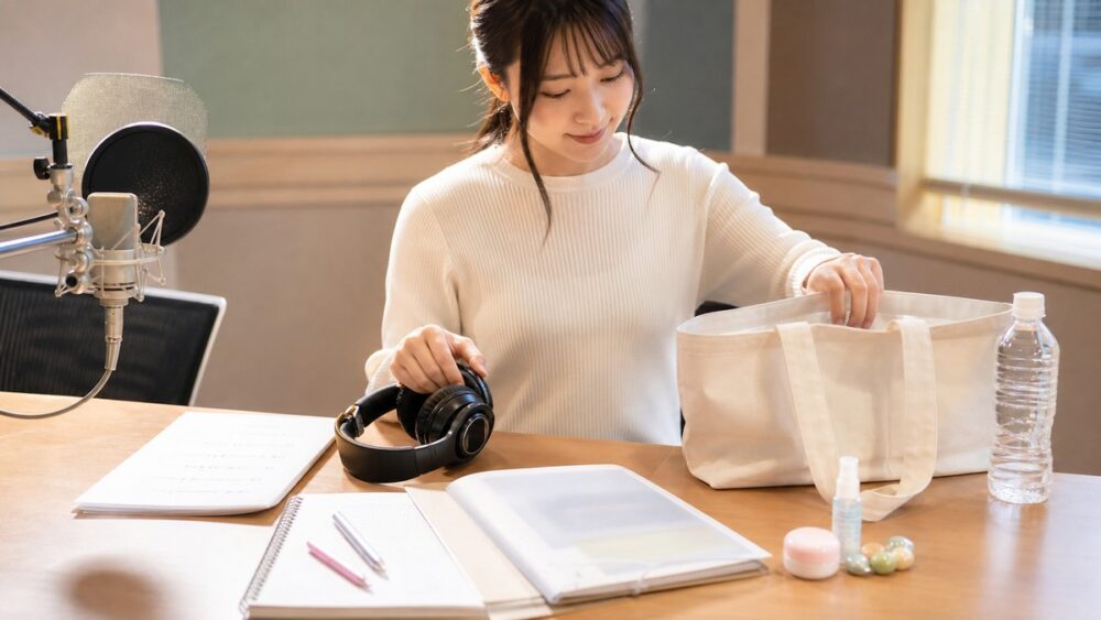 声優レッスンやオーディションに持っていく台本・ヘッドホン・筆記用具・喉ケア用品を準備する写真