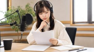 声優の芸名を決めるためにマイク前で台本とプロフィールを確認する若い女性の写真