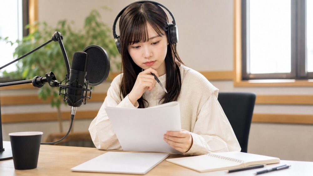 声優の芸名を決めるためにマイク前で台本とプロフィールを確認する若い女性の写真