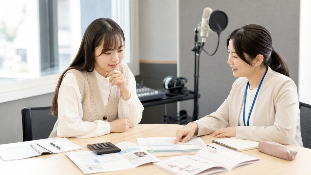 学費が安い声優専門学校を比較するために資料と費用を確認する声優志望者の写真