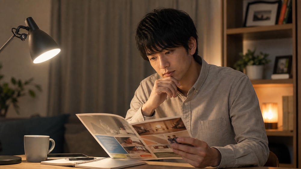 自宅で声優養成所の資料を読み年齢制限を確認する社会人男性