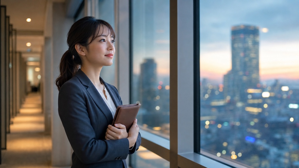 夕方のオフィスの窓辺で手帳を持ち退職のタイミングを考える社会人女性