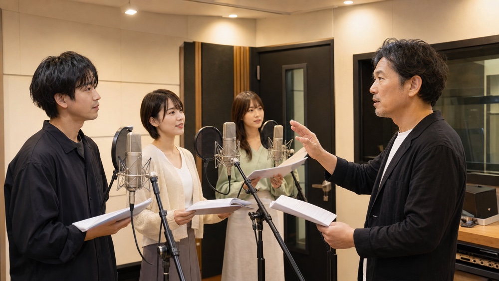 声優養成所のレッスンスタジオで講師の指導を受けながらマイク前で台本を読む受講生たち