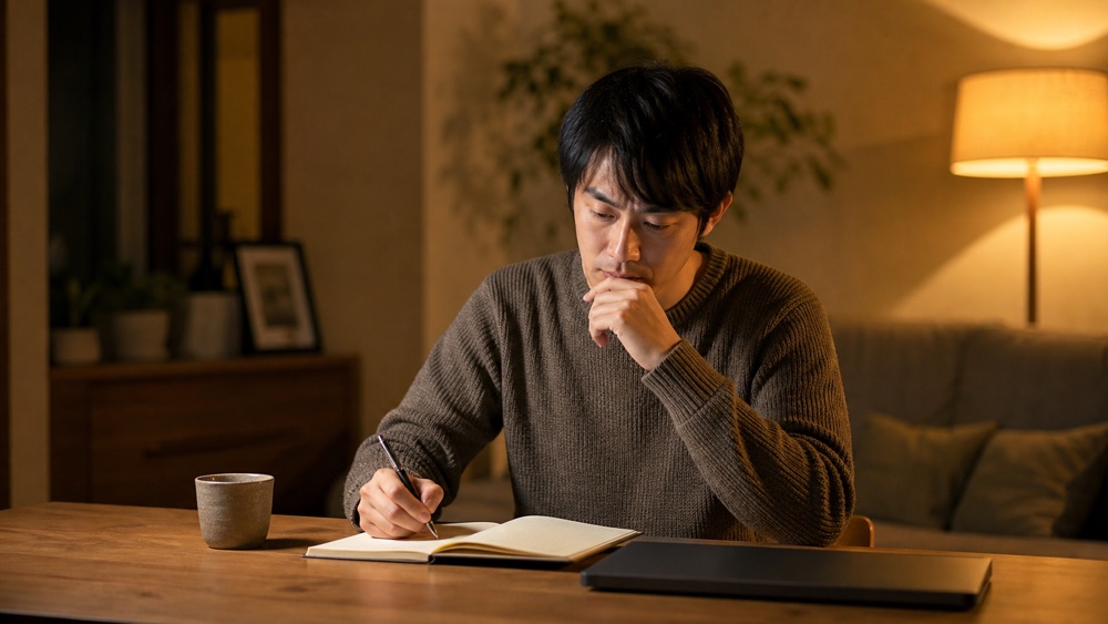 夜の自宅でノートに書き込みながらリスクを整理して考え込む社会人男性