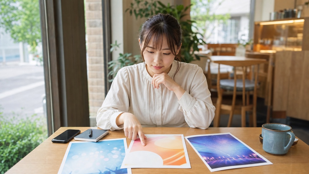 カフェで3つの進路のパンフレットを見比べる社会人女性