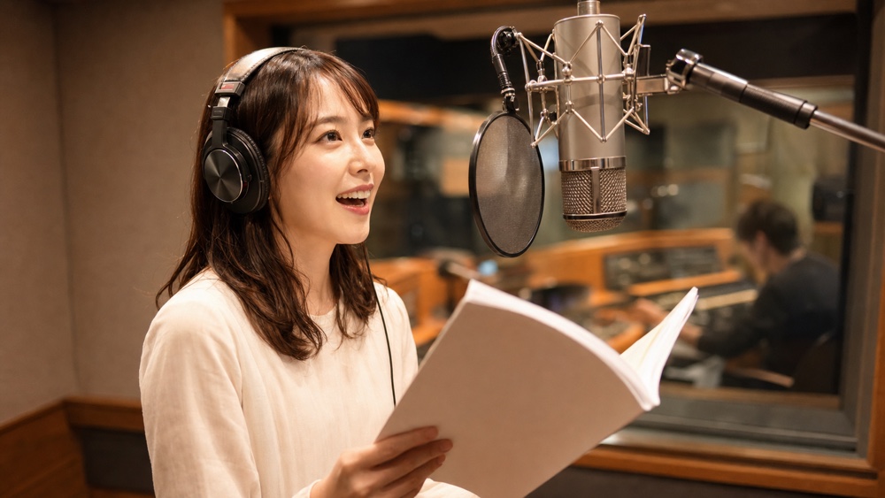 収録ブースでヘッドホンを着けマイクに向かって台本を読む女性声優
