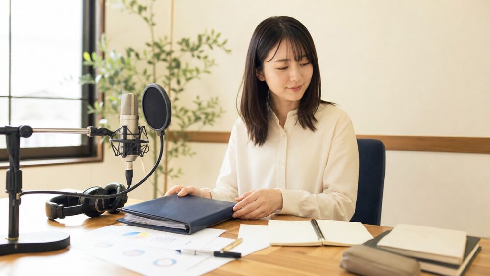 声優を諦めた後の選択肢を考えながら台本と資料を整理する女性の写真