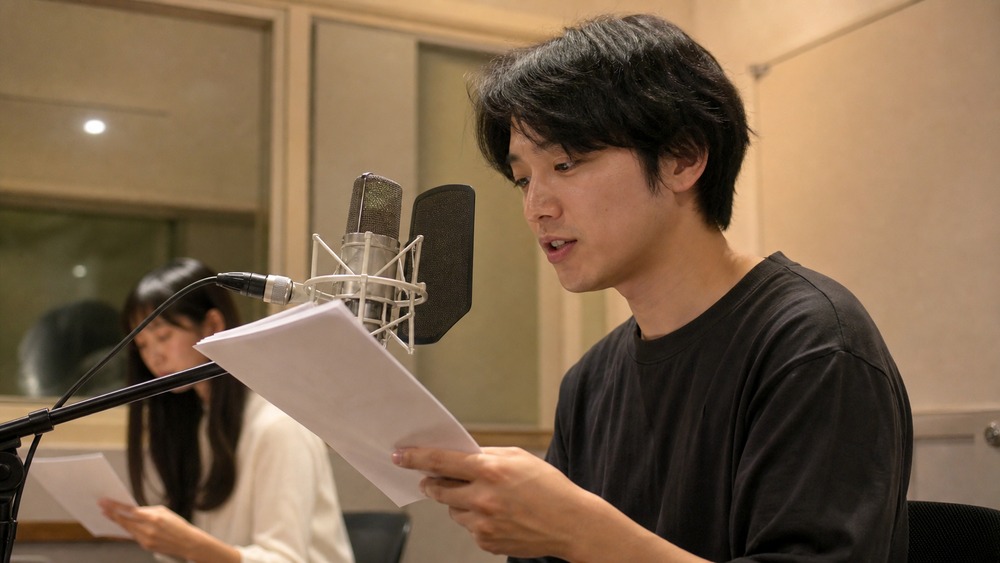 夜間に通える声優養成所で仕事帰りに台本を読む声優志望者の写真