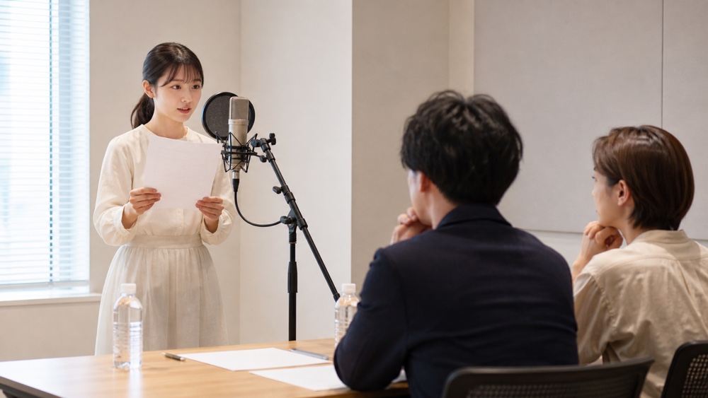 審査員の前で声の審査を受ける参加希望者のイメージ
