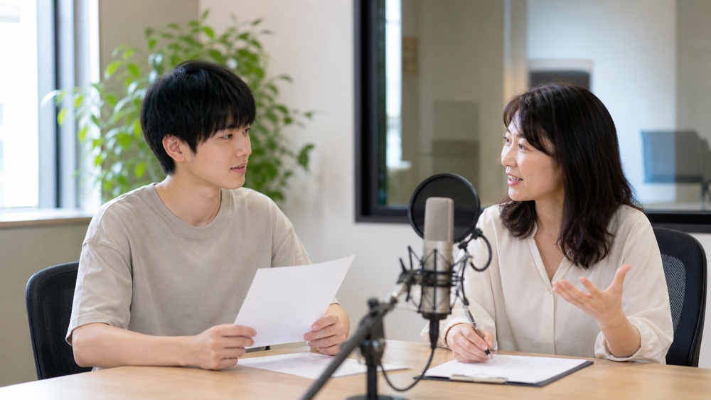 声優養成所の評判や学び方について講師と相談するイメージ