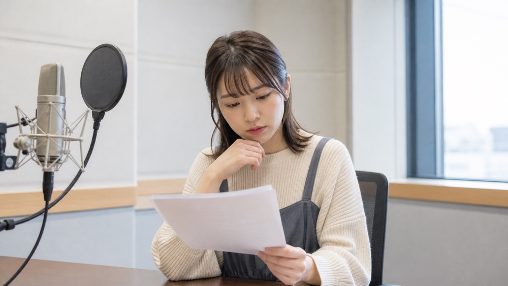 声優養成所の資料を読みながら気になる点を考える受講生