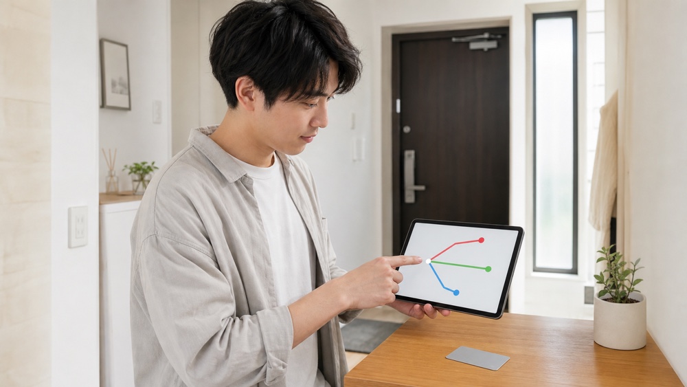 診断結果に合わせて3つの通学ルートを確認する人物