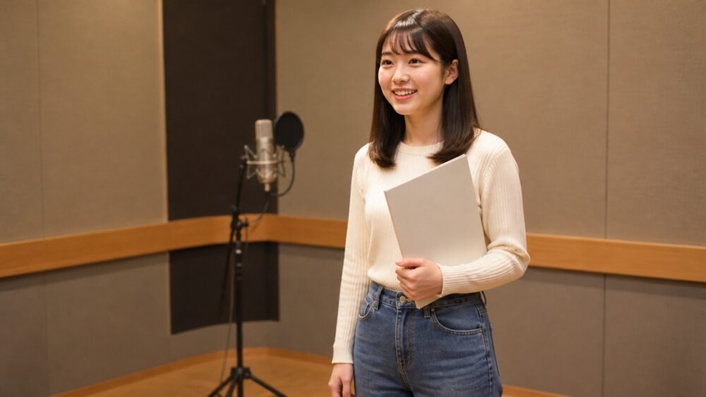 声優オーディションに向けて笑顔と自信のある挨拶を練習する女子高生のイメージ