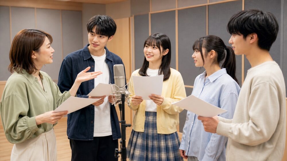 複数の声優志望者が講師と台本を確認するグループレッスン
