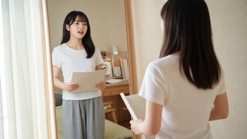 鏡の前でオーディションの自己PRを練習する声優志望の女子高生のイメージ