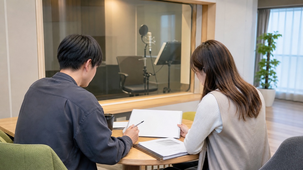 レコーディングレッスン後に進路資料を確認する受講生と講師